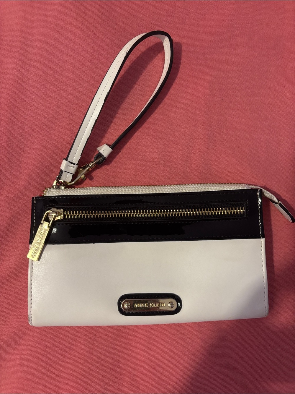Anne Klein Black and White Leather Wristlet Clutch with Gold Hardware